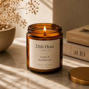 25th Hour Candles - Vanilla-Sandlewood coconut soy wax wood wick 9 oz